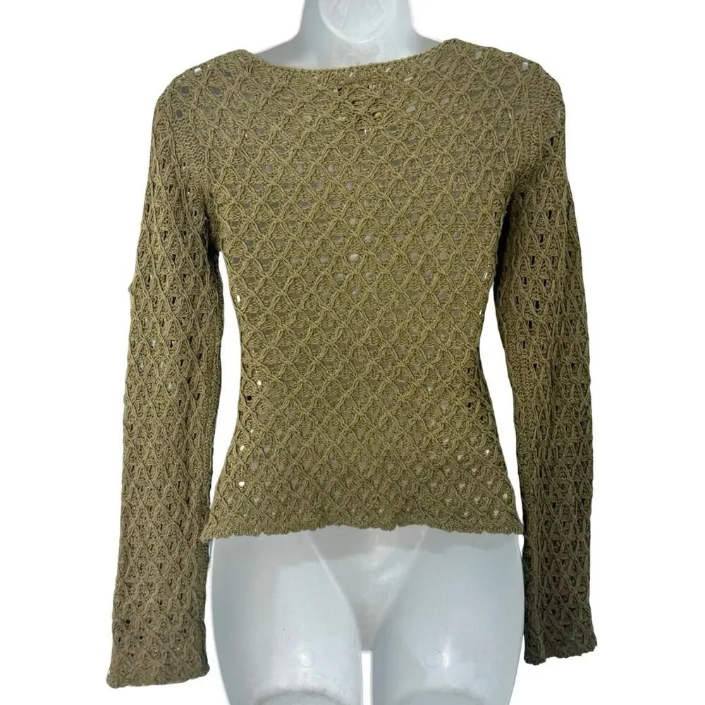 UNIF Olive Green Crochet Open Knit Rose Flower Snap Front Cardigan Sweater sz S - Picture 7 of 11
